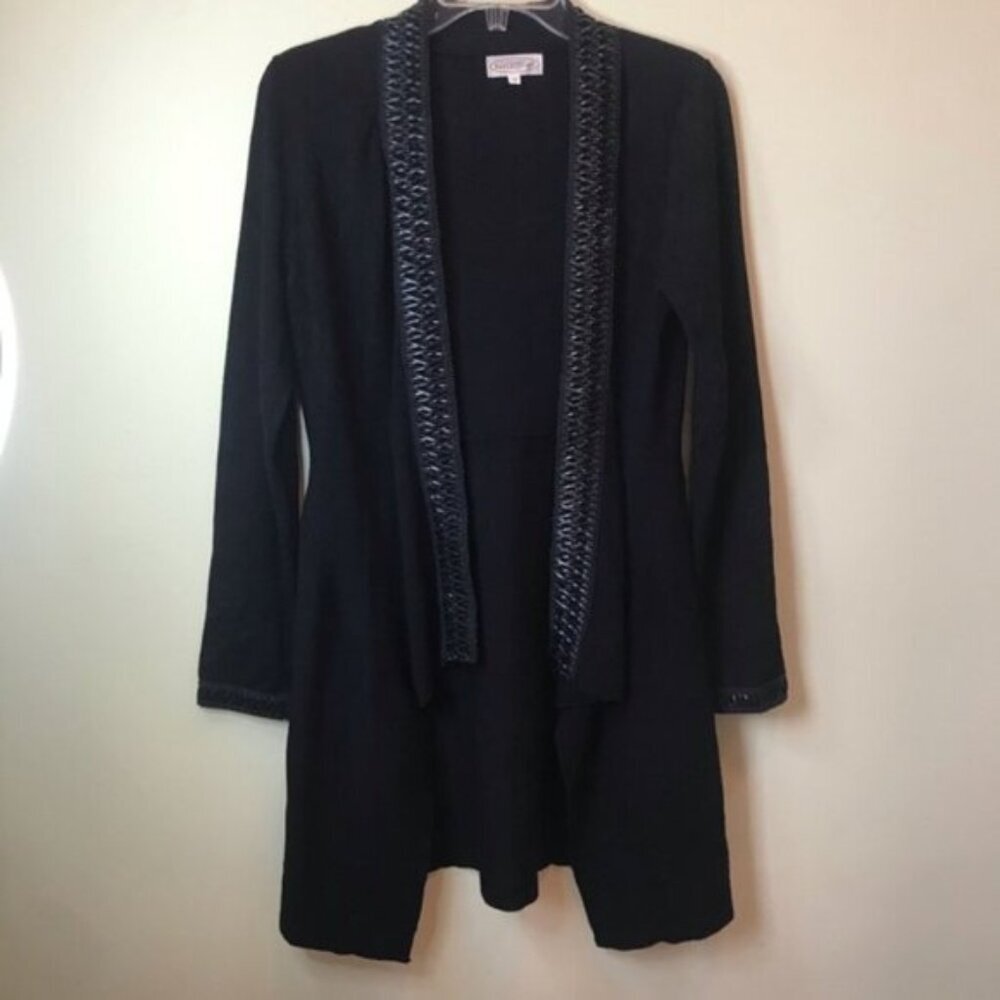Northern Reflections Vintage Leather Detail Long Cardigan Jacket Knit Sweater M
